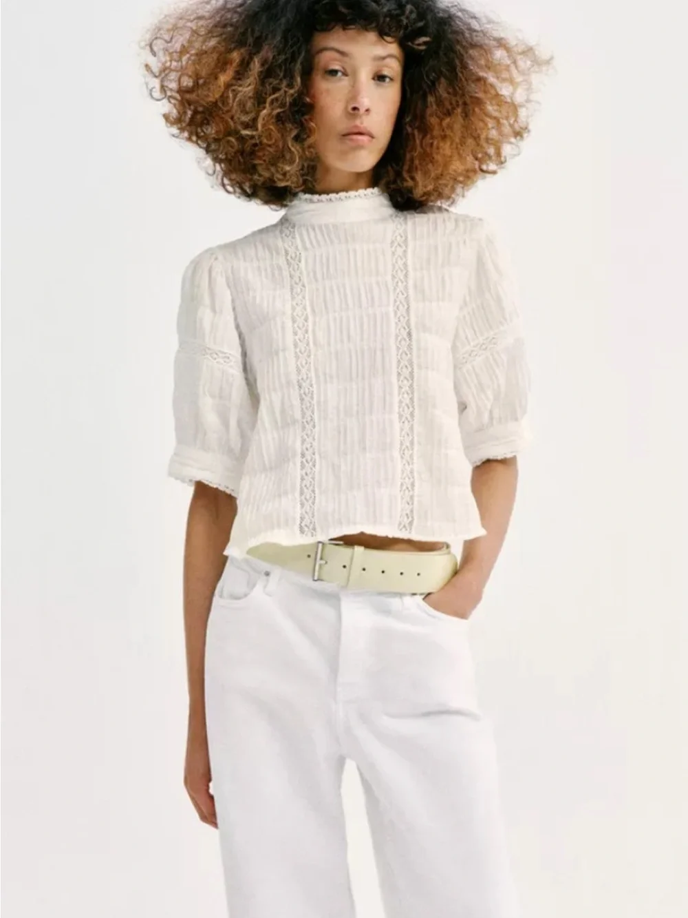 Zara Cream Lace-Panel Puff Sleeve Blouse